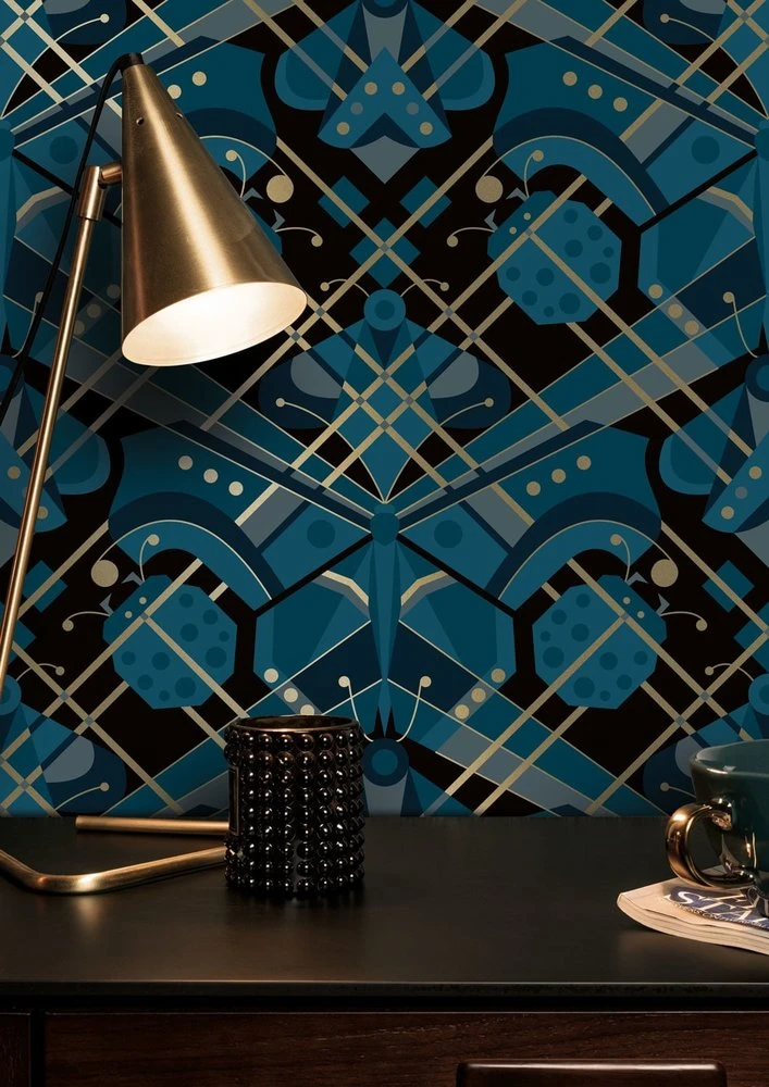 KEK Amsterdam Art Deco Goud Behang Animaux Butterfly - Blauw - Afbeelding 2