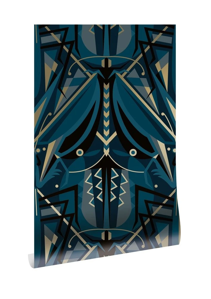 KEK Amsterdam Art Deco Goud Behang Animaux Grasshopper - Blauw